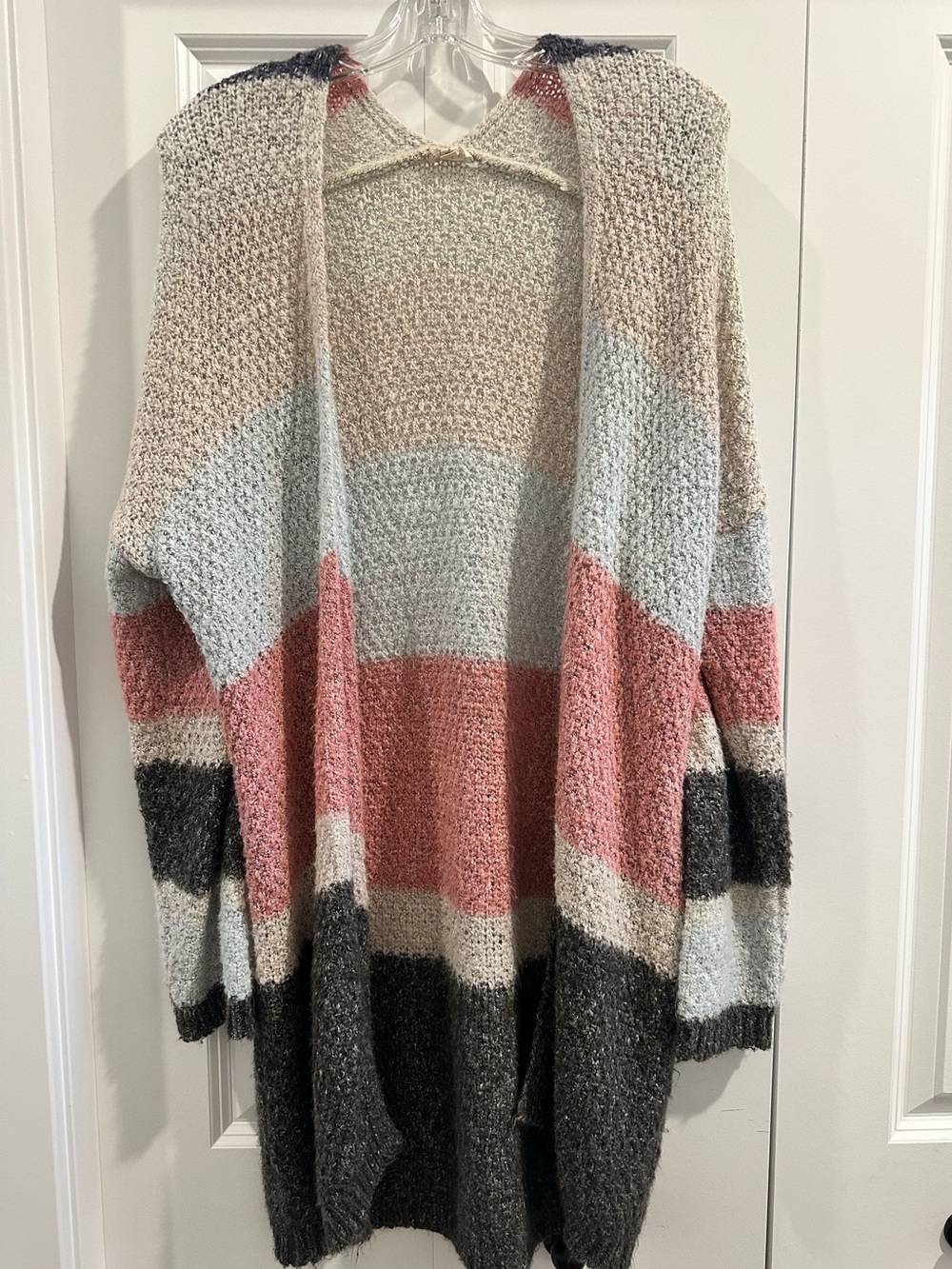 Cozy Striped Open-Front Cardigan Sweater - Pink, Cream & Gray